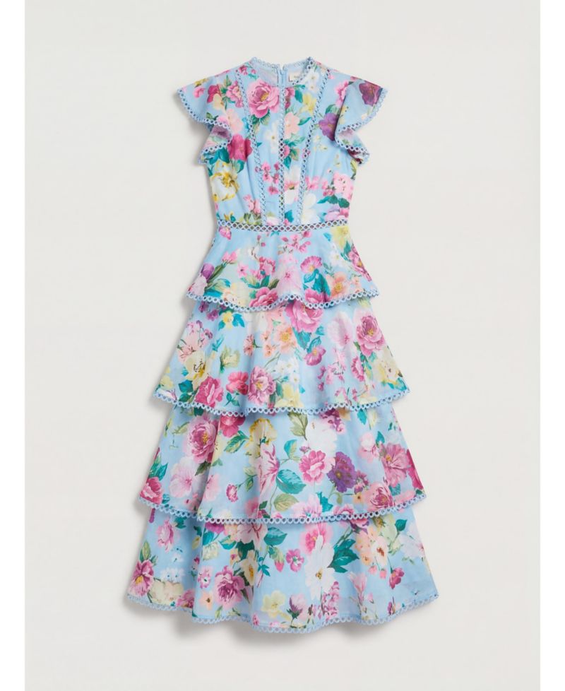 Women's Lace Trim Tiered Organza Midi Dress