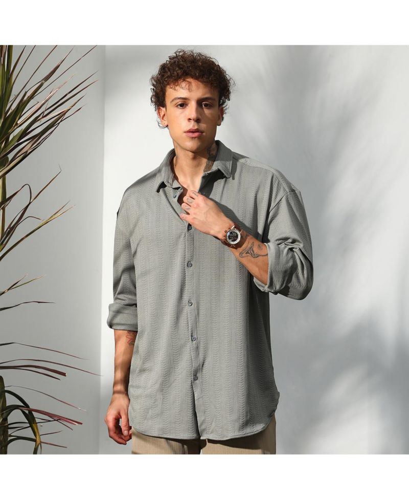 Men's Ash Grey Stripe-Textured Shirt
