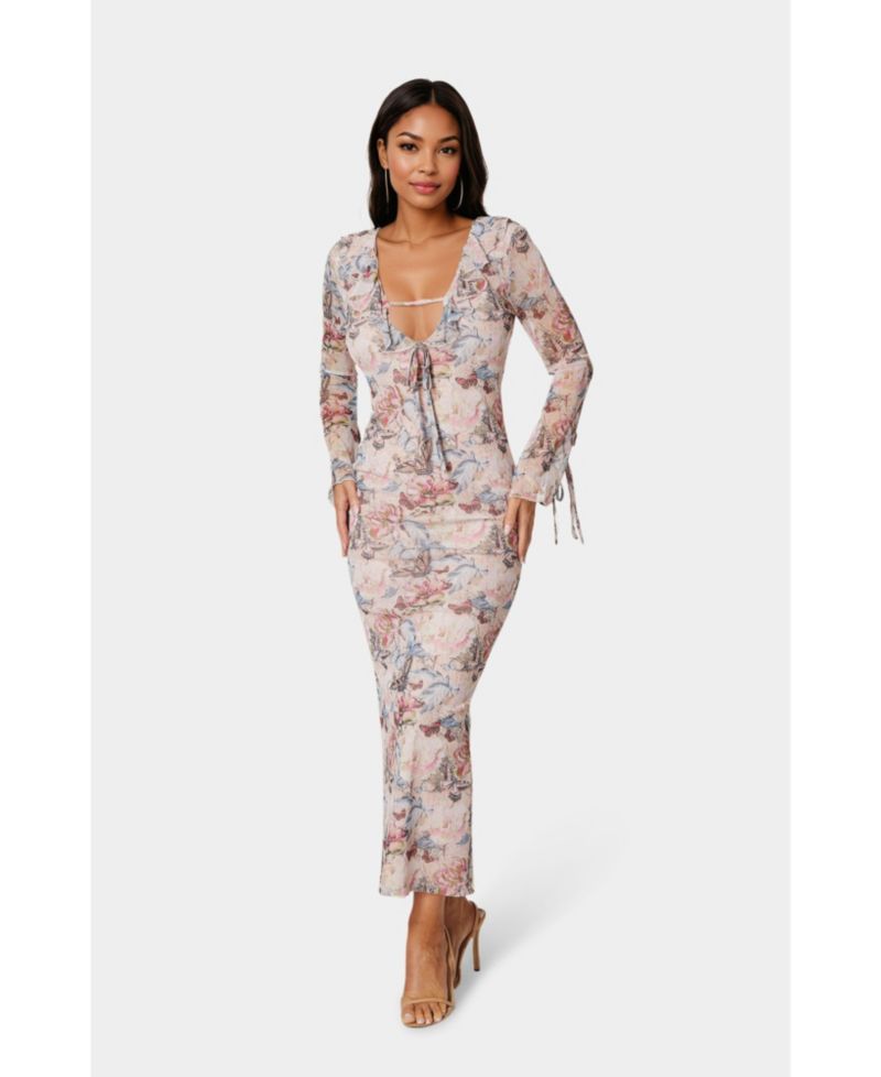 Women's Long Sleeve Ruffle Neck Maxi Dress
