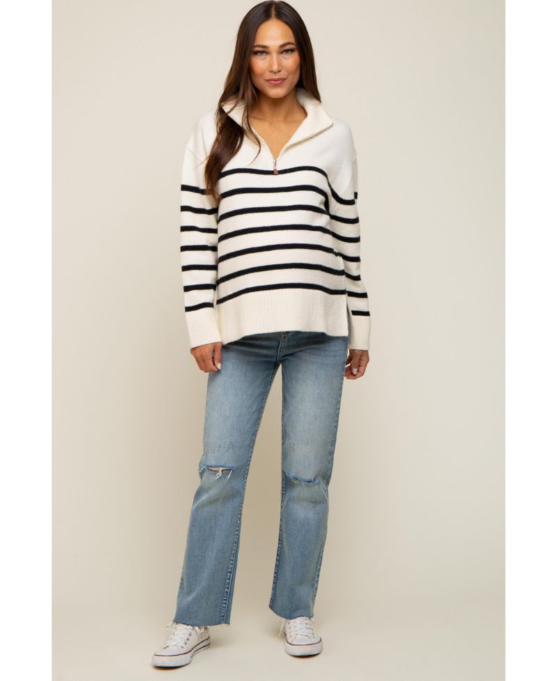Women's Ivory Striped Half Zip Sweater