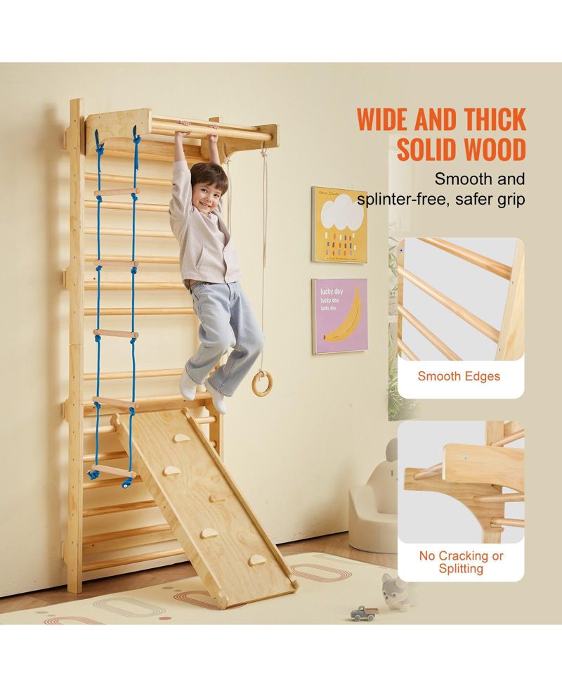 Kids Indoor Playground 5 in 1 Wooden Wall Gym with Swedish Ladder and Slide