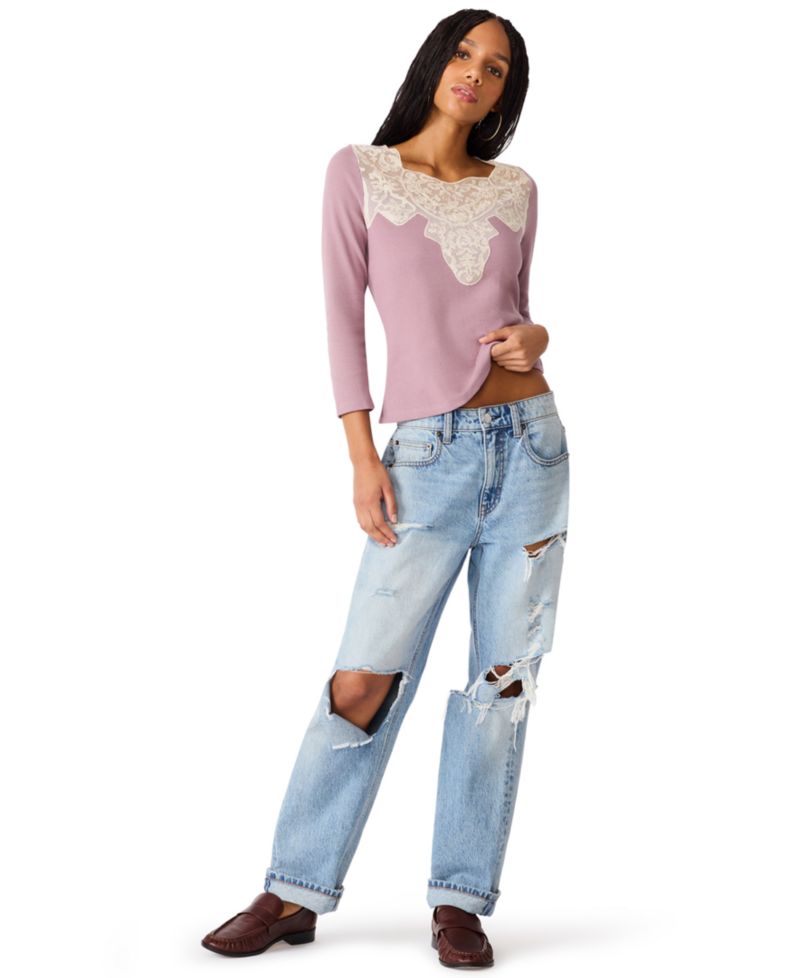 Women's Rib Knit Lace Trim 3/4 Sleeve Square Neck Top