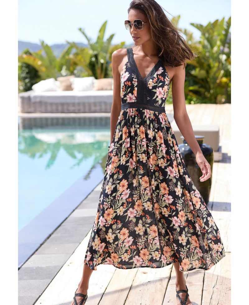 Women's Viscose Floral Print Crochet Detail A-Line V-Neck Maxi Dress