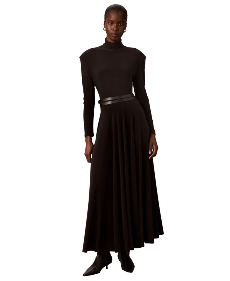 Petite Belted Long-Sleeve Turtleneck A-Line Dress
