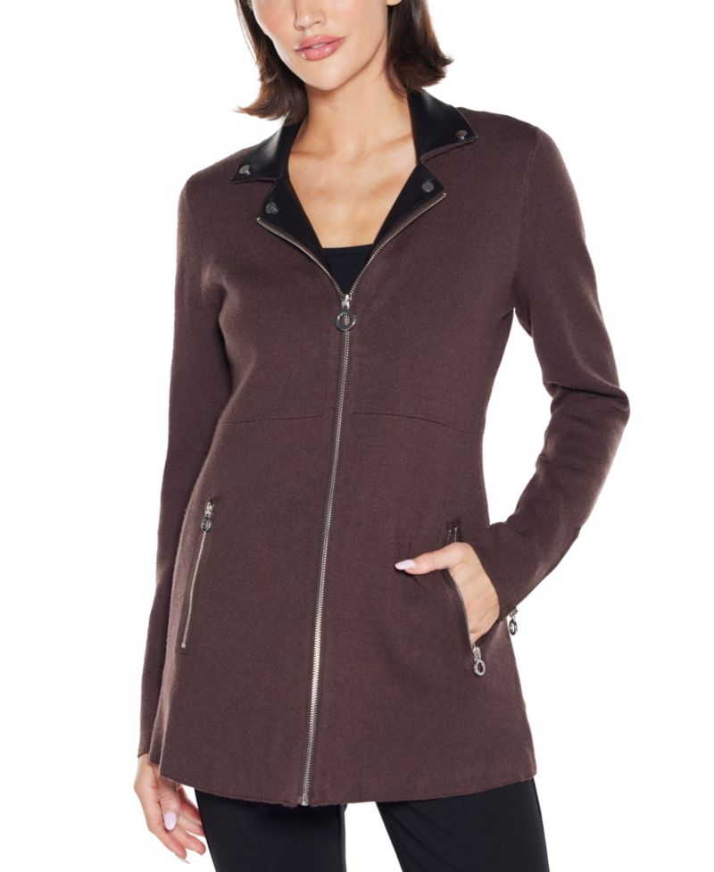 Black Label Women's Faux-Leather Collared Sweater Jacket