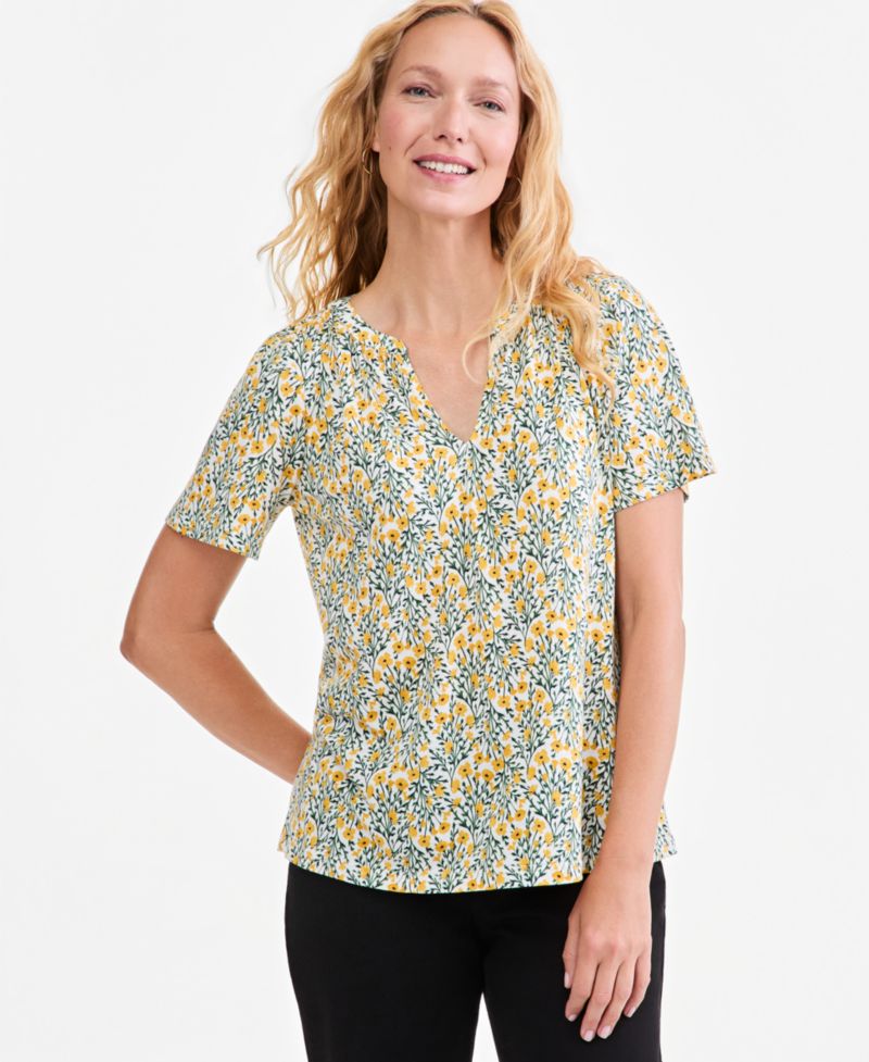Petite Printed Split-Neck Flutter Sleeve Top
