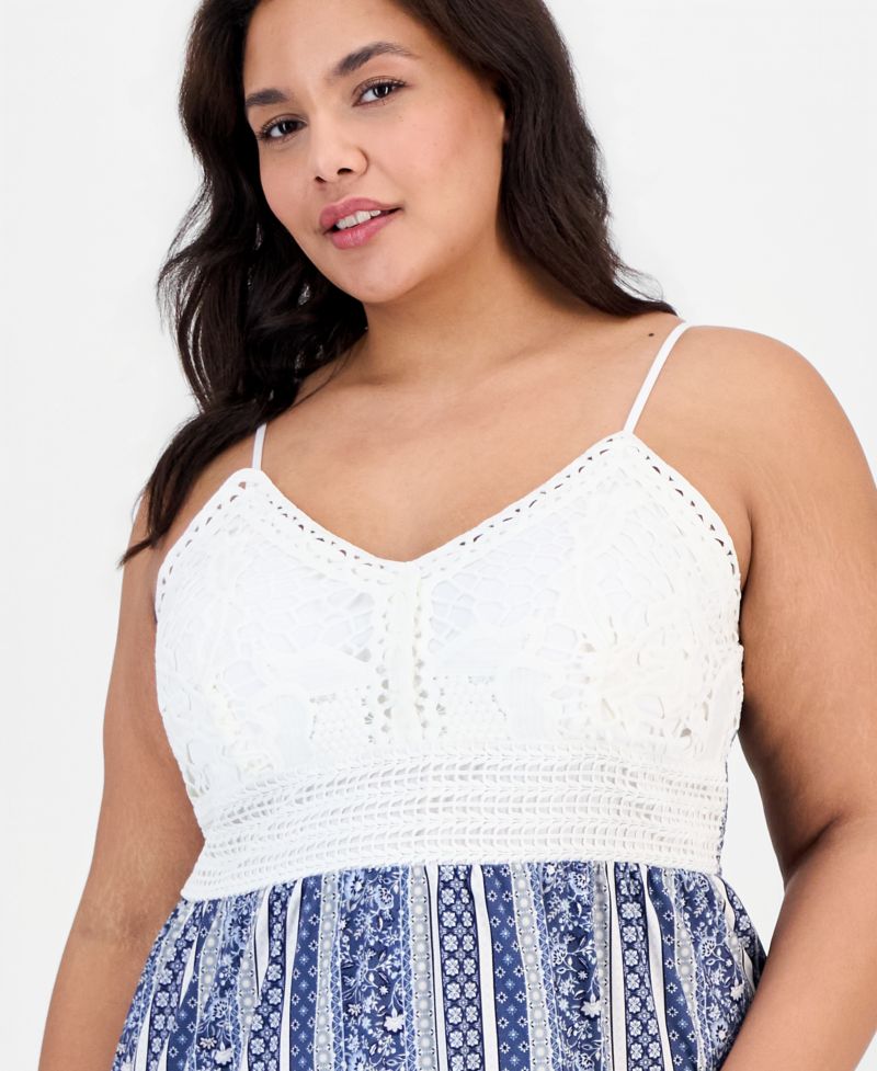 Trendy Plus Lace-Bodice Printed-Skirt Maxi Dress