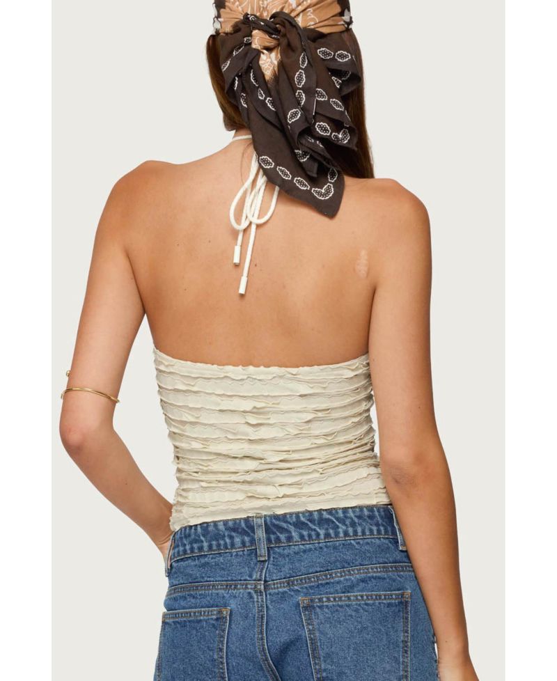 Women's Criss Cross Bead Ruffled Halter Top