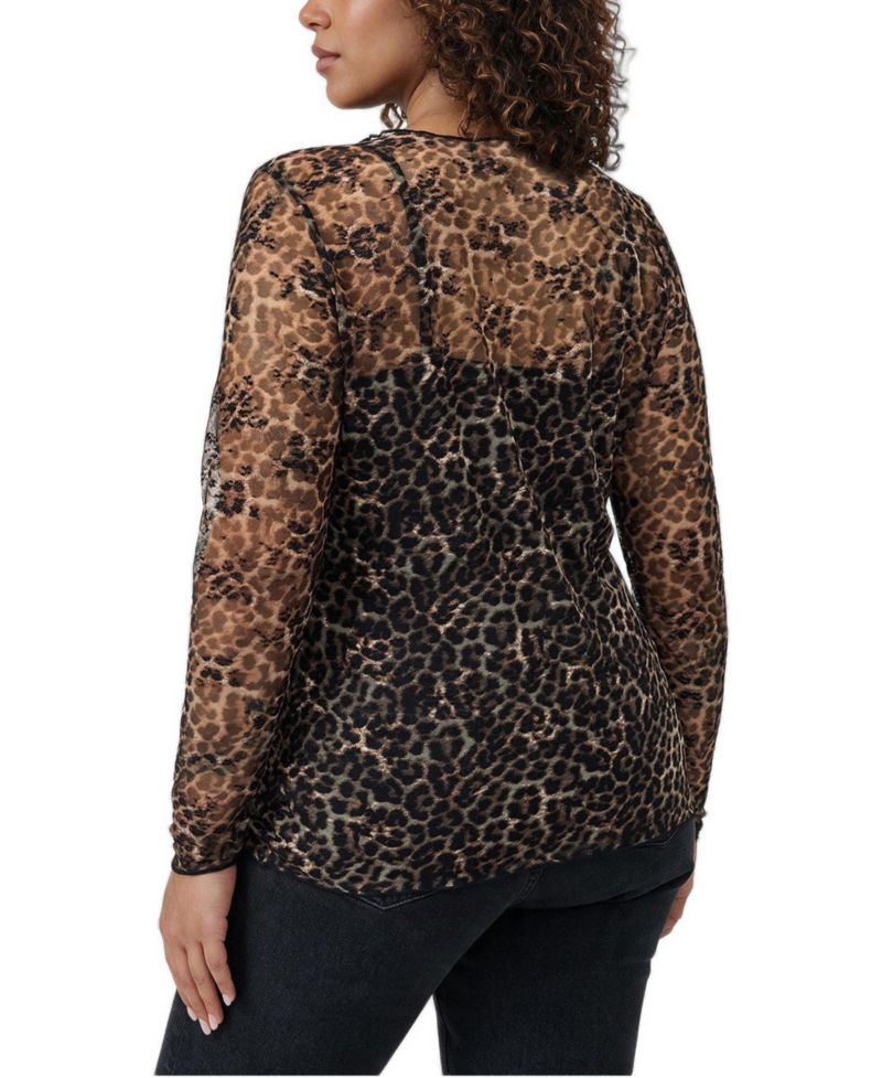 Women's Plus Size Sheer Lace Crew Long Sleeve Top