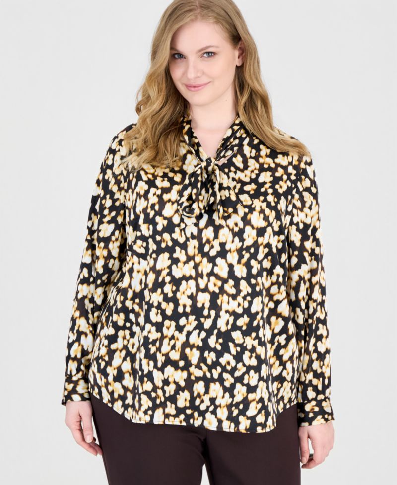 Plus Size Tie Neck Long-Sleeve Animal-Print Blouse