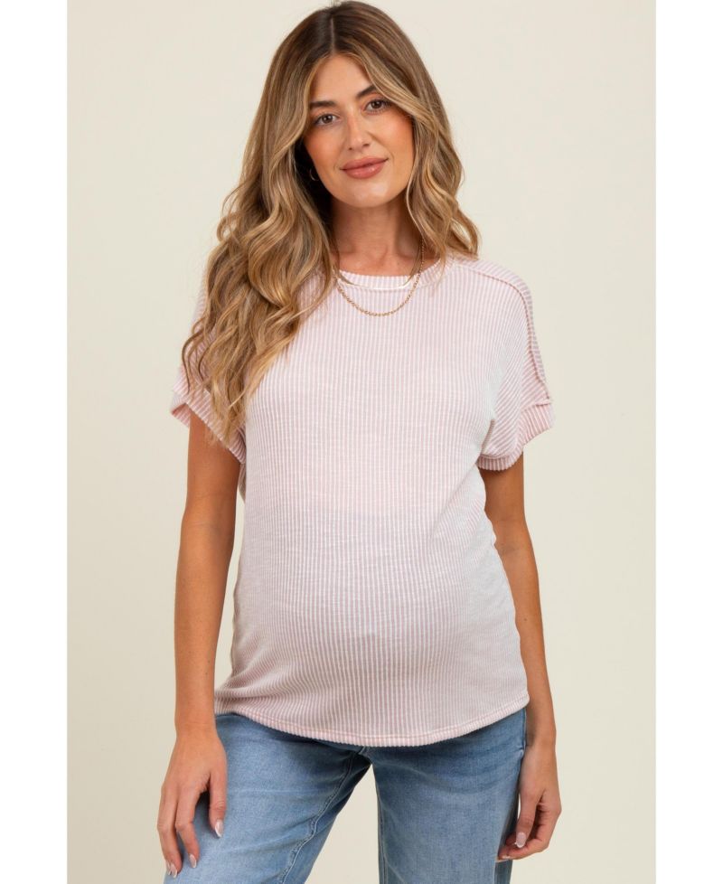 Women's Pink Ribbed Exposed Seam Short Sleeve Top