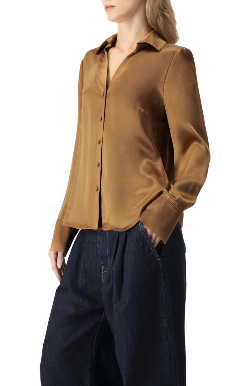 Women's Solid Long Sleeve Satin Shirt