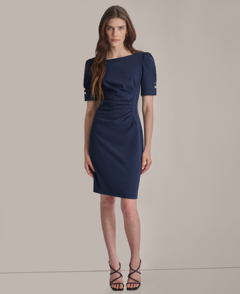 Petite Ruched Jewel Neck Sheath Dress