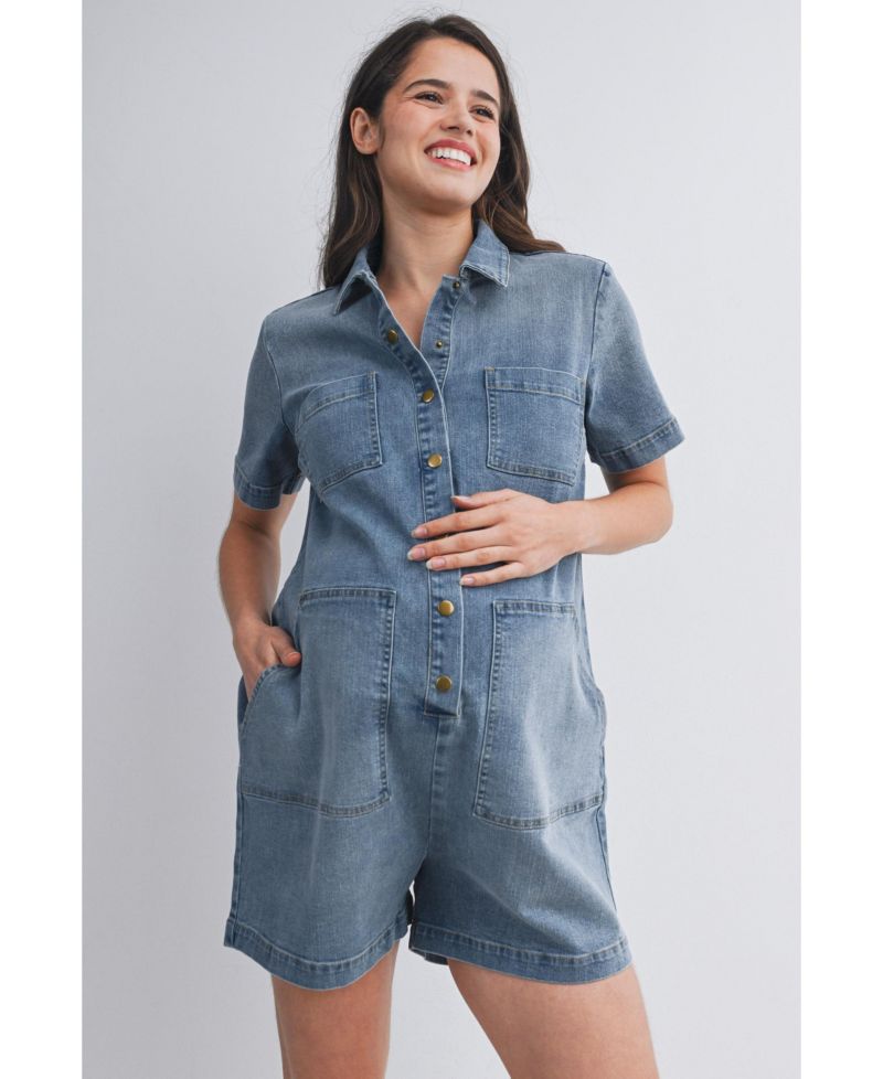 Maternity Nursing-Friendly Button Down Collared Short Sleeve Romper
