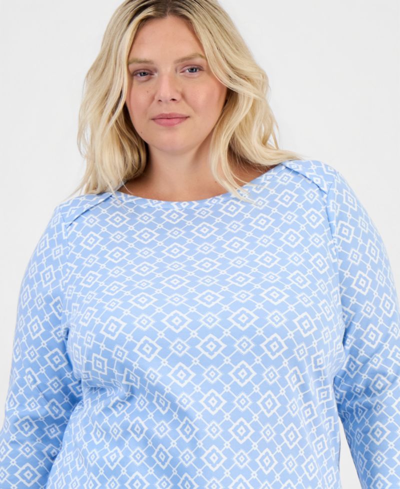 Petite Printed Pima Cotton 3/4-Sleeve Boat Neck Top
