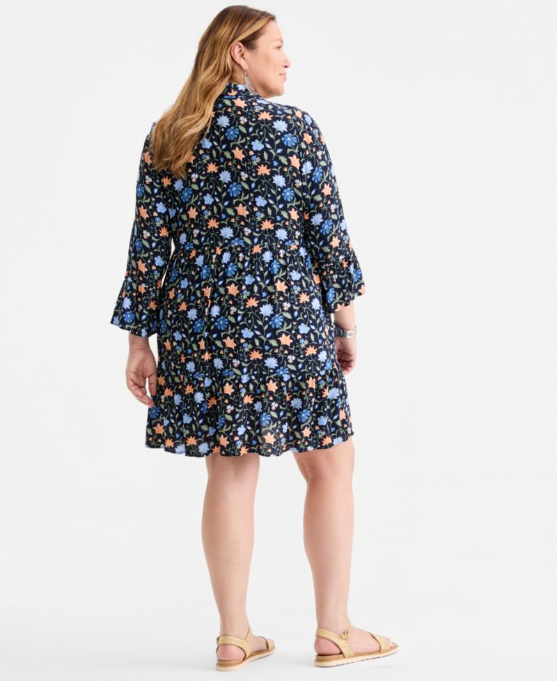 Plus Size Printed V-Neck 3/4-Sleeve Tiered Dress
