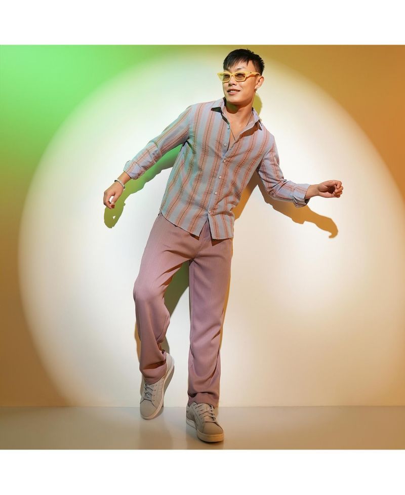 Men's Icy Blue & Nude Beige Striped Seersucker Shirt