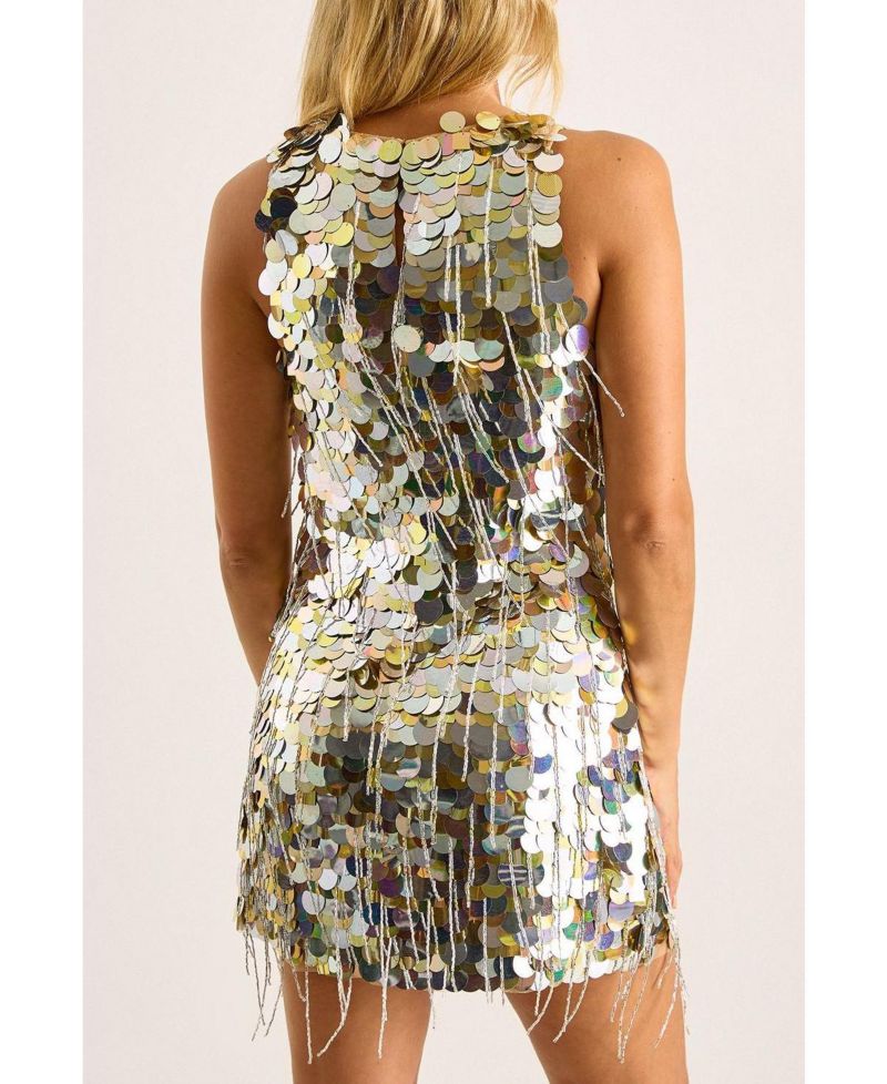 Women's Disc Tassel High Neck Mini Dress