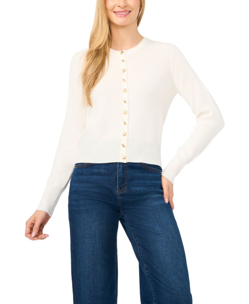 Women's Long-Sleeve Crewneck Shell-Button Cardigan Sweater