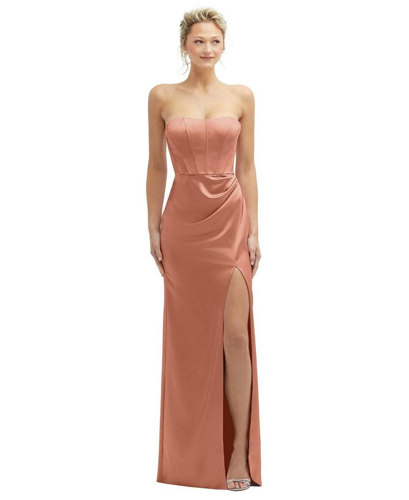 Women's Strapless Topstitched Corset Satin Maxi Dress with Draped Column Skirt