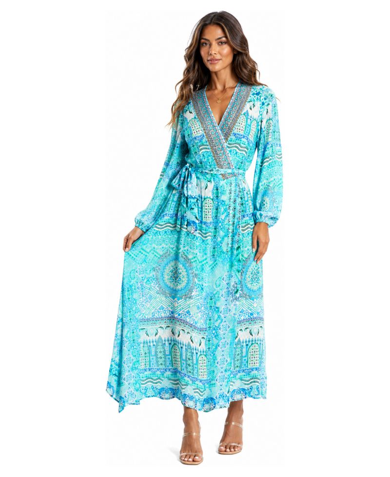 Women's Boho Long-Sleeve Paisley-Print Wrap Maxi Dress