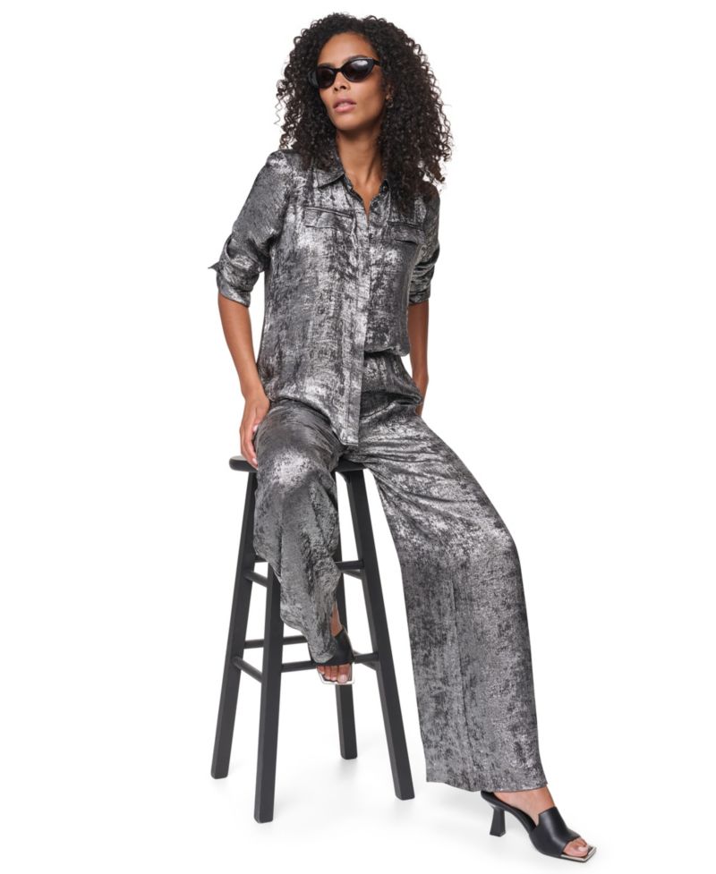 Women's Empire State Steel Long Long-Sleeve Collared Button-Front Blouse