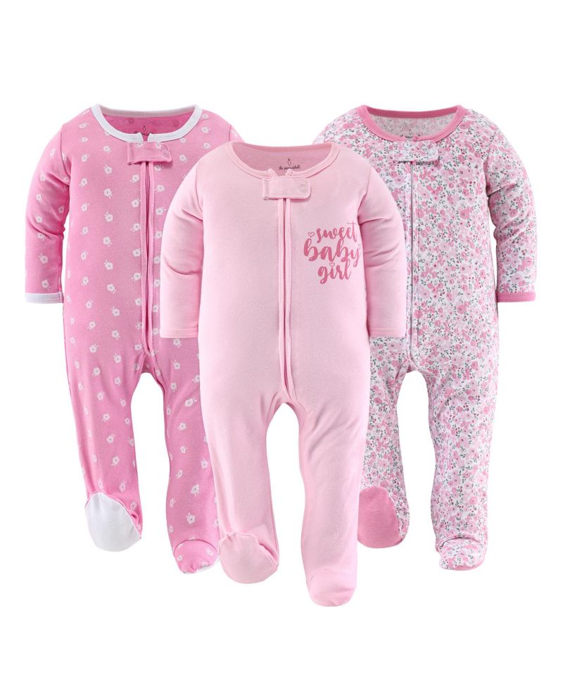 Baby Girls Floral Love Footed Sleepers for Girls, 3 Pack