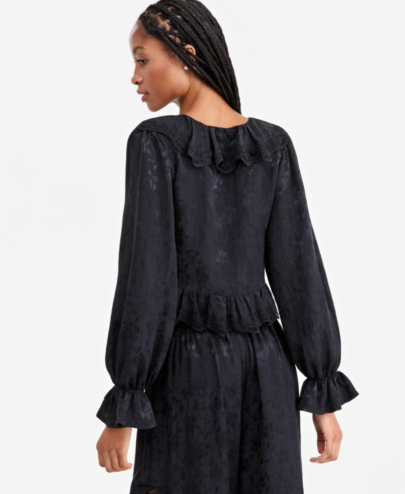 Petite Balloon-Sleeve Ruffle-Jacquard Blouse