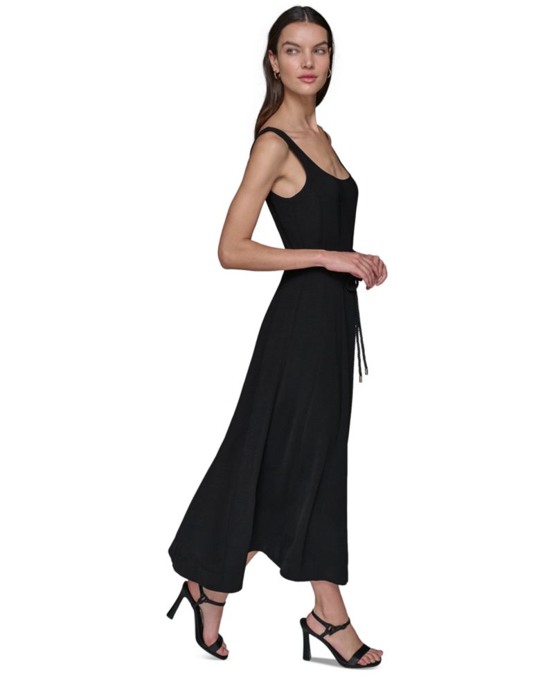 Women's Scoop-Neck Belted Sleeveless Midi Dress