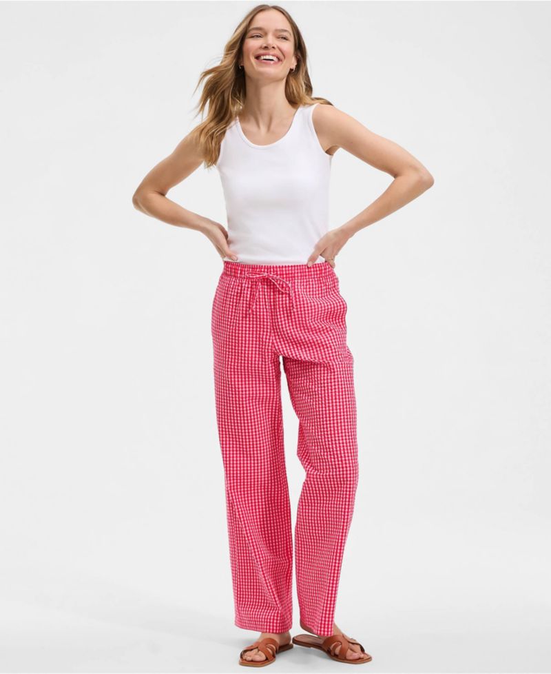 Women's Seersucker High Rise Drawstring Wide Leg Pants