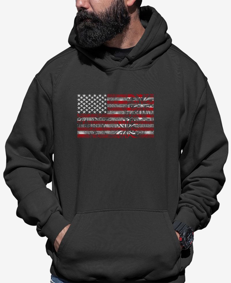 Men's Word Art Hooded American Flag Fireworks Sweatshirt
