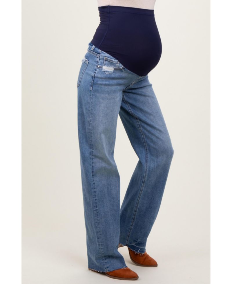 Women's Blue Vintage Wash Raw Hem Wide Leg Jeans