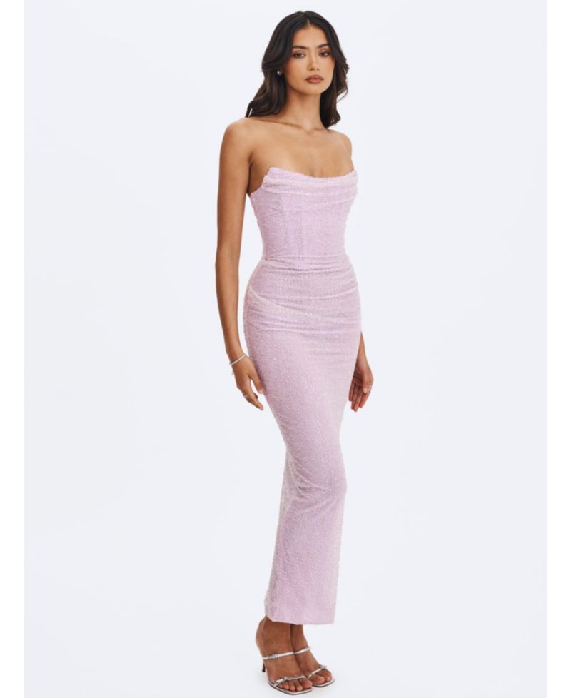 Women's Raylee Beaded Mesh Strapless Sheath Maxi Dress