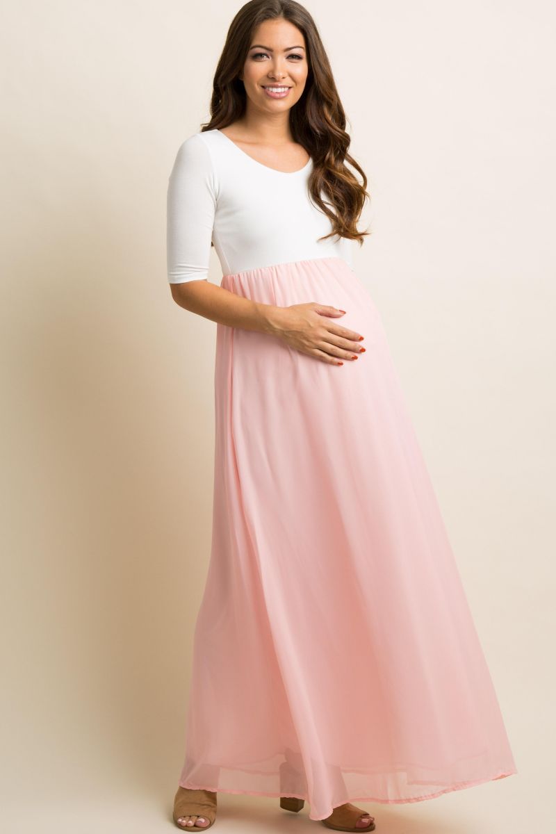 Women's Light Pink Chiffon Colorblock Maxi Dress
