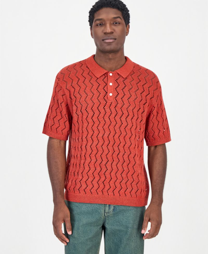 Men's Zig Zag Trim Open-Knit Panel Classic Fit Polo Shirt