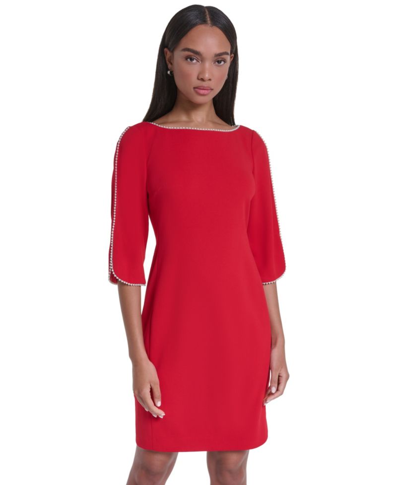 Women's Scuba Crepe Imitation Pearl Framing Boat Neck Dress