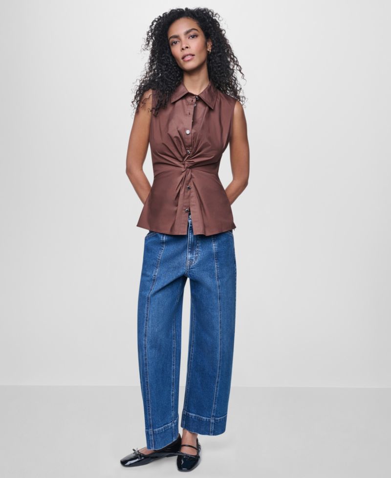 Women's Sleeveless Collared Twist Front Button-Up Shirt