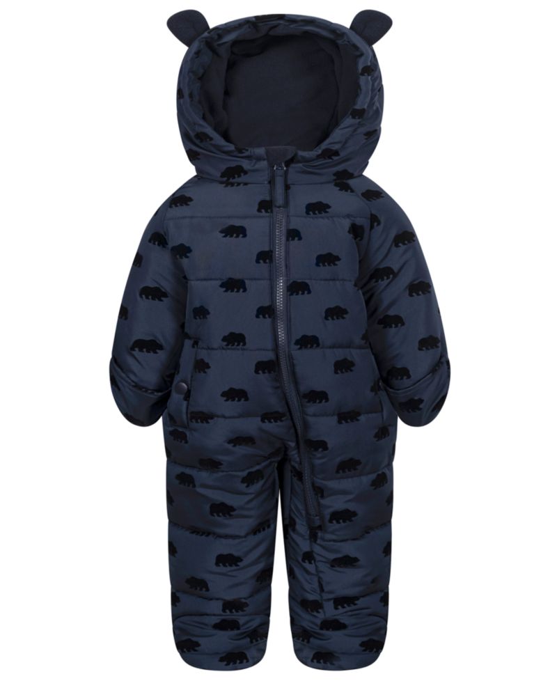 Baby Boys' Flocked Bear-Print Fleece-Lined Hood Easy-On/Easy-Off Snowsuit