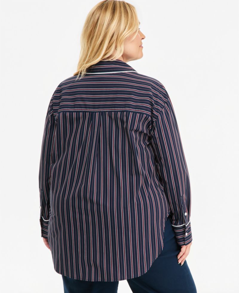 Plus Size Striped Poplin Long-Sleeve Button Down Shirt