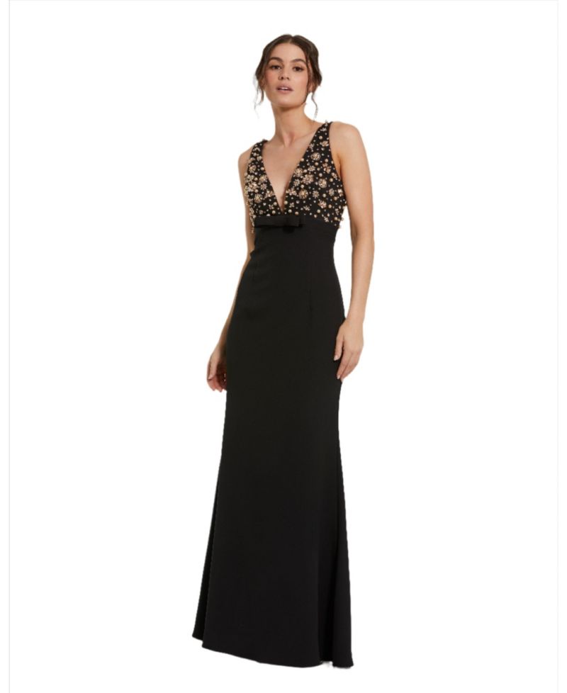 Women's Crepe Sleeveless Beaded V Neck Gown With Bow