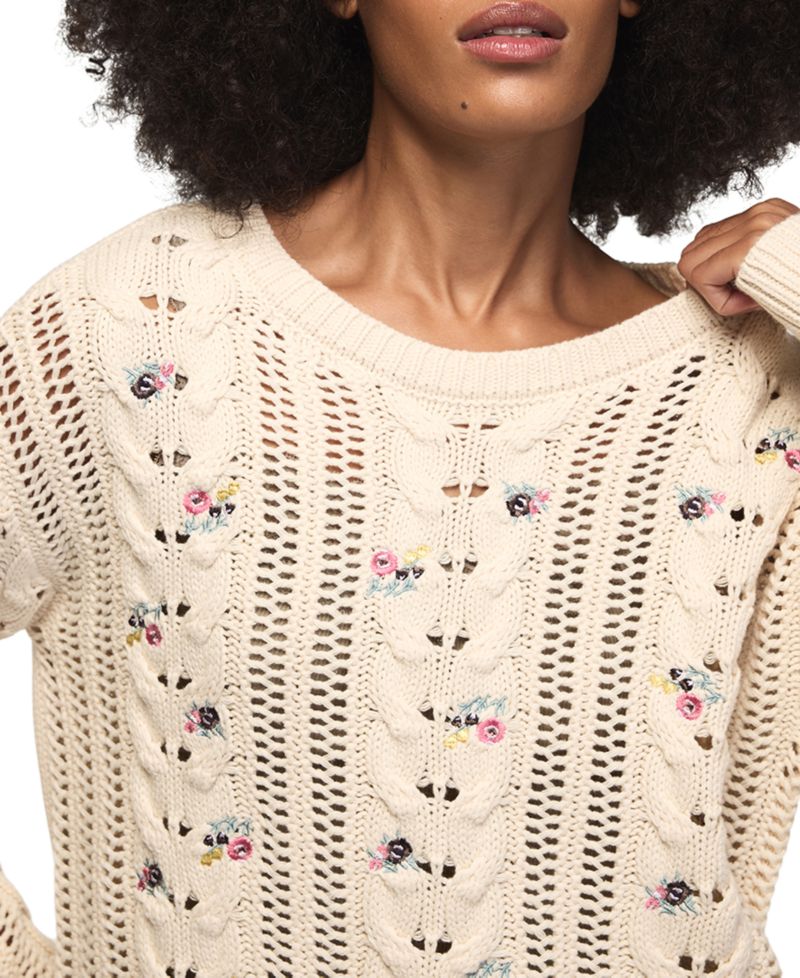 Women's Floral-Embroidered Cable-Knit Crewneck Sweater