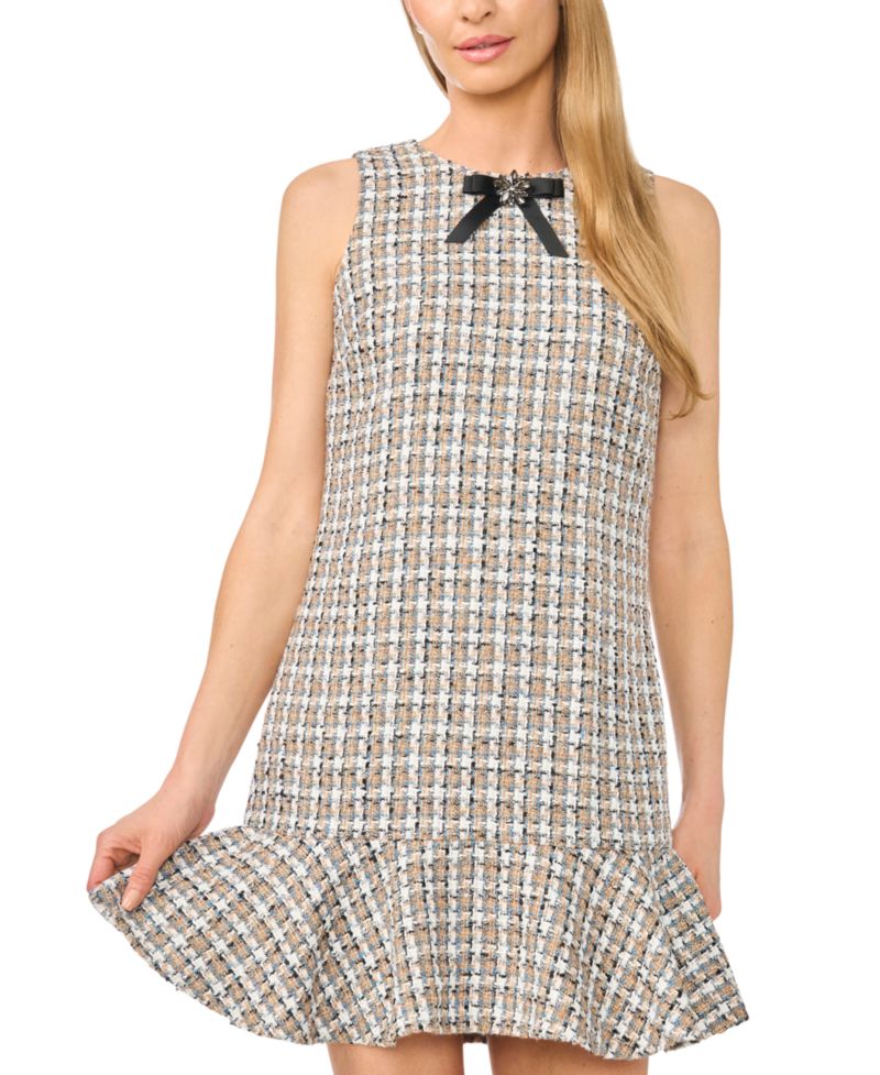 Women's Plaid Tweed Ruffle-Hem Shift Dress