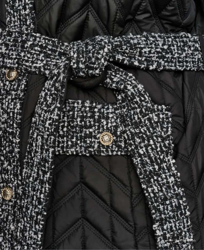Plus Size Long Quilted Tweed-Trim Coat
