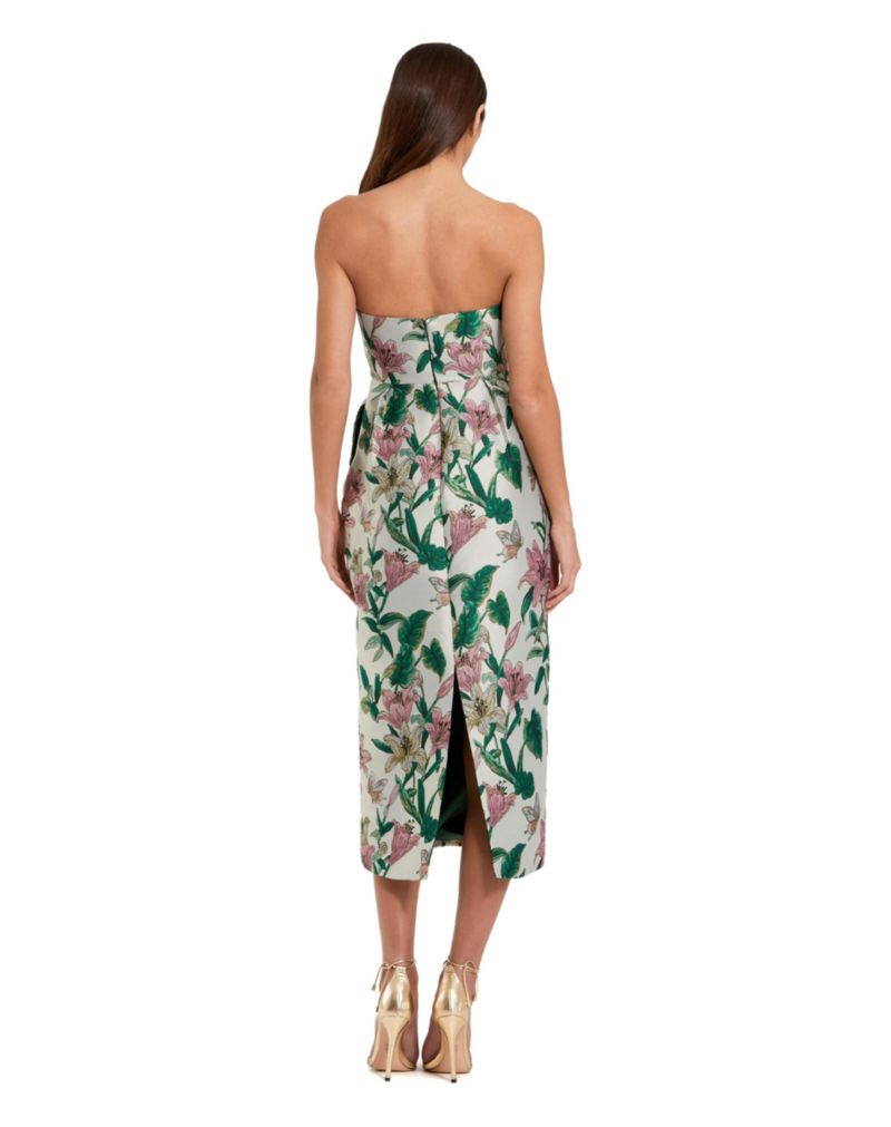 Women's Floral Brocade Strapless Fitted Midi Dress