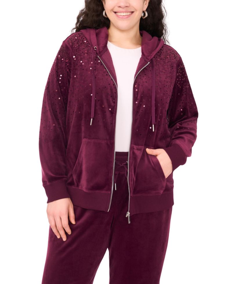 Plus Size Velour Zip-Front Hoodie Jacket