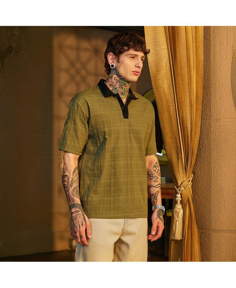 Men's Olive Green and Onyx Black Contrast Grid Polo T-Shirt