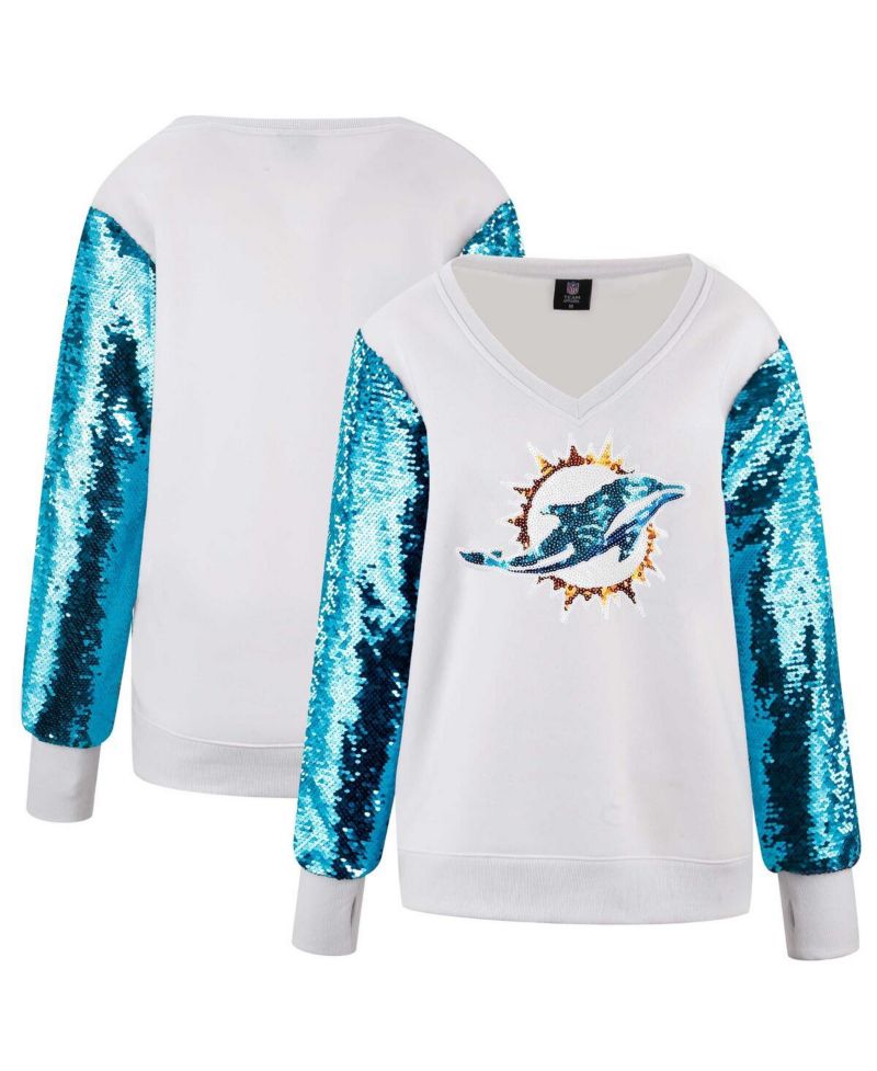 Women's White Miami Dolphins Sequin Sleeve V-Neck Pullover Sweatshirt