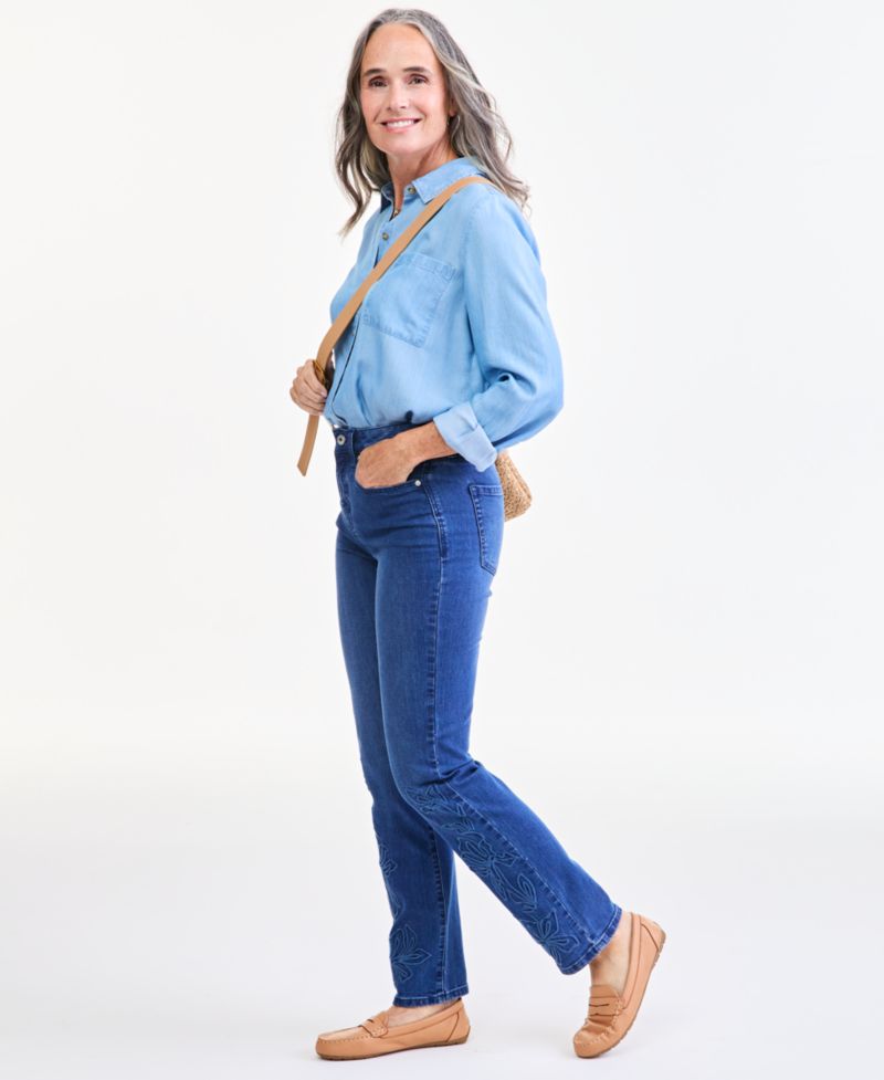 Petite High-Rise Straight-Leg Embroidered Jeans