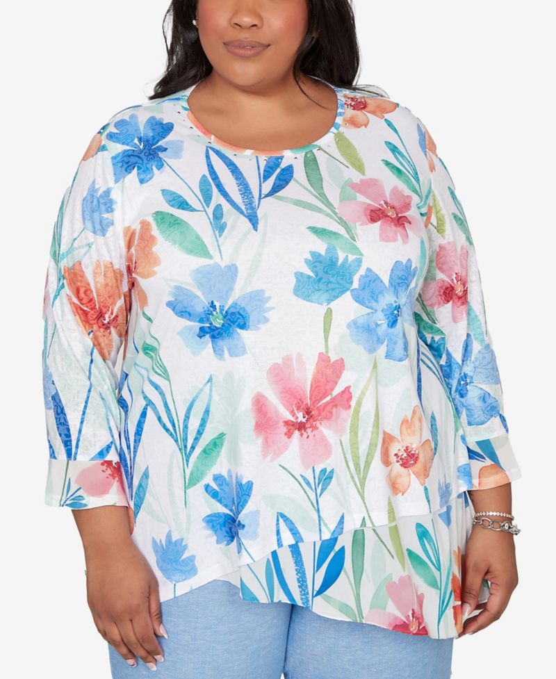 Plus Size Caribbean Blues Whimsical Flower Bell-Sleeve Top