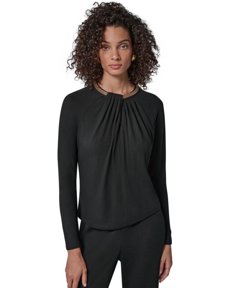 Women's Necklace Detail Long-Raglan Sleeves Keyhole Cutout Pullover Sweater